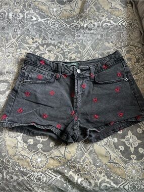 wild fable Black Denim Shorts with Red Cherry Embroidery